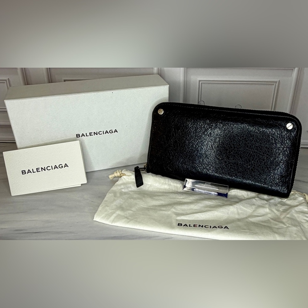 Balenciaga Distressed Black Long Zip Wallet | Classic Arena Leather | Full Set